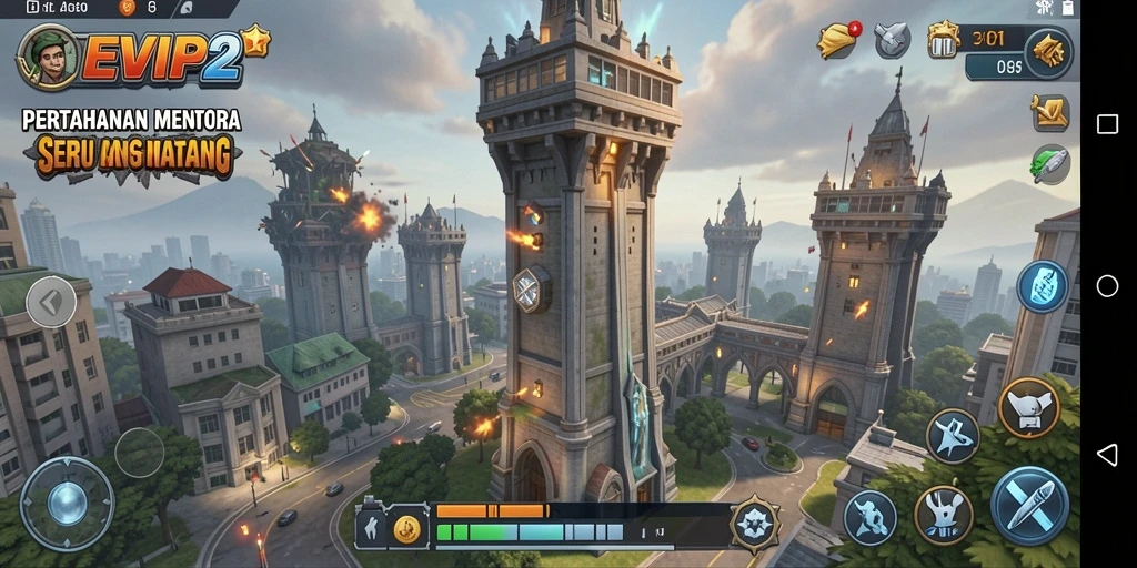 Screenshot gameplay EVIP2 menampilkan menara dan musuh yang beragam.