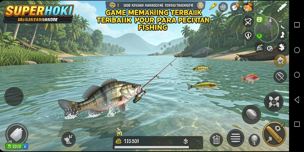 Screenshot utama SUPERHOKI menampilkan gameplay memancing yang seru.