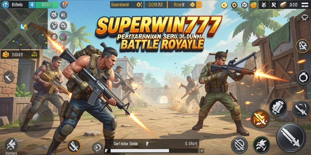 Screenshot SUPERWIN777 menampilkan aksi pertarungan di arena Battle Royale.