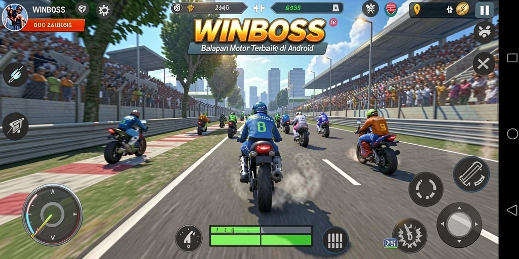 Menampilkan aksi balapan motor yang mendebarkan.